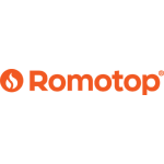 L'image présente le logo Romotop, avec « Romotop » en lettres orange en gras. La lettre « R » incorpore un motif de flamme, soulignant l'accent mis par la marque sur des solutions de chauffage innovantes et élégantes.